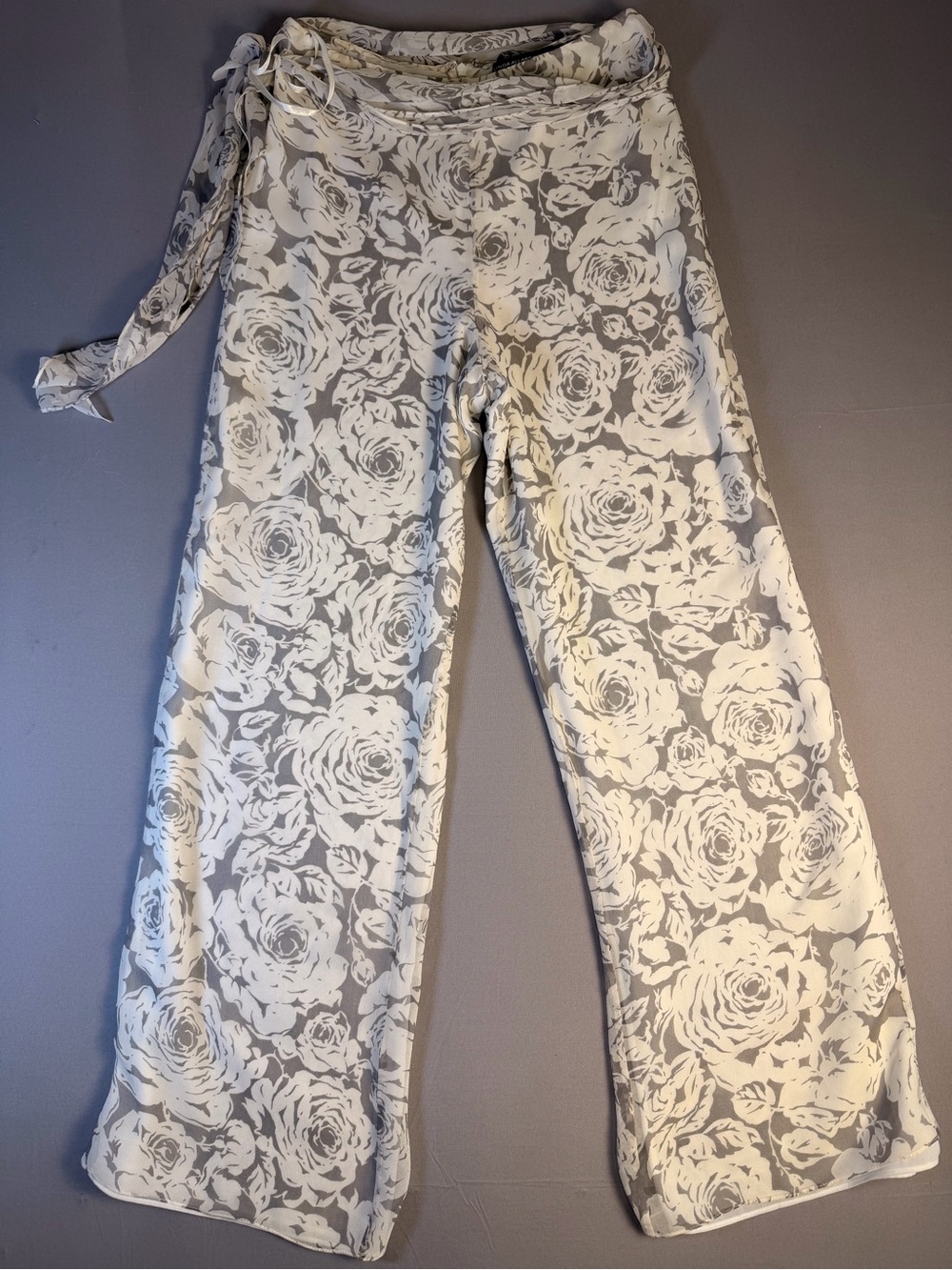 Linda Allard Ellen Tracy Size 2 100% Silk Pants Vintage Grey and White Floral - Picture 2 of 13